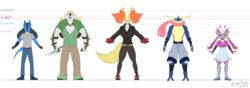  absurd_res all-starwarriors amphibian anthro bandage bottomwear canid canine chart chesnaught clothed clothing delphia_(all-starwarriors) delphox diancie female footwear frog generation_4_pokemon generation_6_pokemon greninja height_chart hi_res jacket legendary_pokemon lucario male mammal monotone_background multiple_images nintendo pants pokemon pokemon_(species) shoes simple_background smile socks solo spikes standing topwear white_background 