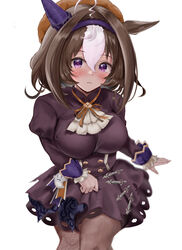  @_@ ahoge animal_ears beret breasts brown_hair closed_mouth commentary_request dress female hair_between_eyes halloween_costume hat headband highres horse_ears horse_girl large_breasts long_sleeves looking_at_viewer meisho_doto_(dot-o&#039;-lantern)_(umamusume) meisho_doto_(umamusume) multicolored_hair official_alternate_costume pantyhose puffy_sleeves purple_dress purple_eyes simple_background solo streaked_hair umainu_2002 umamusume white_background white_hair 