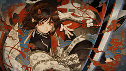  1boy black_shirt black_skirt brown_hair closed_mouth cloud commentary demon_horns flower_knot frown highres holding holding_sword holding_weapon horns katana long_hair looking_at_viewer male_focus mole mole_under_eye onikiri_(onmyoji) onmyoji red_eyes red_ribbon ribbon seigaiha shide shirt skirt solo sword tassel tenken_jinshin_onikiri_(onmyoji) tsubonari weapon 