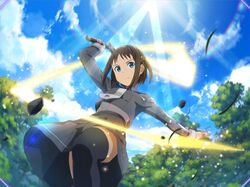  arm_up black_thighhighs blue_eyes blue_sky breasts brown_hair closed_mouth cloud day energy female from_below frown game_cg glowing glowing_sword glowing_weapon grey_shirt grey_skirt holding holding_sword holding_weapon long_sleeves medium_breasts miniskirt necktie outdoors pleated_skirt ronye_arabel school_uniform shirt short_hair skirt sky solo standing sunlight sword sword_art_online sword_art_online:_alicization sword_art_online:_unleashed_blading sword_mastery_academy_school_uniform thighhighs weapon white_necktie zettai_ryouiki 