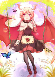  bat_wings black_dress black_legwear blush bubble bug butterfly demon_girl demon_horns demon_wings dress female flower food fruit funamusea haiiro_teien highres holding horns insects long_hair looking_at_viewer pink_hair raspbel red_eyes shoes sitting strawberry swing thighhighs wings xinghuo 