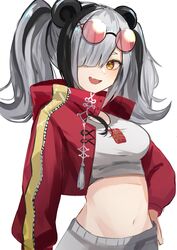  :d arknights azuazu_0405 bad_id bad_twitter_id black_hair commentary_request crop_top eyewear_on_head feater_(arknights) feater_(gourmet)_(arknights) female grey_hair grey_pants hair_over_one_eye highres jacket looking_at_viewer midriff multicolored_hair navel official_alternate_costume open_clothes open_jacket open_mouth pants red_jacket shirt simple_background smile solo stomach streaked_hair sunglasses t-shirt twintails upper_body white_background white_shirt yellow_eyes 