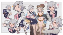  &gt;_&lt; 2girls ^_^ animal animal_on_head bag beach bikini blazer blue_jacket blue_skirt blush bonito bow bowtie braid breasts brown_eyes cevio closed_eyes collared_bikini commentary_request covering_own_mouth cropped_torso cup double_bun doyagao dress drinking english_text expressions fish from_above from_behind from_side goggles grey_background grey_hair grey_sweater hair_bun hair_ornament hairclip help highres holding holding_animal holding_cup holding_fish jacket kizuna_akari koharu_rikka lakiston laughing leaning_back long_hair medium_breasts miniskirt multiple_girls multiple_views octopus on_head open_clothes open_dress open_mouth outstretched_arms pickaxe pink_bow pink_bowtie pink_footwear pleated_skirt sailor_collar school_bag shirinda_fureiru shoes short_hair skirt smile smug sneakers sparkle squatting star_(symbol) star_print stuffed_animal stuffed_toy sweat sweater swimsuit synthesizer_v teddy_bear translated twin_braids very_long_hair voiceroid zipper_pull_tab 