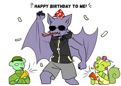  anthro bat bear bottomwear candy celebration clothed clothing confetti dancing dessert dog_tags english_text ev_(character) ev_htf_(artist) eyewear flippy_(htf) food fur green_body green_fur group happy_birthday happy_tree_friends hat headgear headwear male mammal membrane_(anatomy) membranous_wings military_beret military_clothing noisemaker nutty_(htf) off_shoulder party party_hat party_horn purple_body purple_fur rodent sciurid shorts simple_background sleeveless_hoodie sunglasses text tree_squirrel wings 