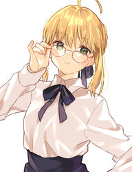  adjusting_eyewear ahoge arm_up artoria_pendragon_(fate) bespectacled blonde_hair blouse blue_bow blue_bowtie blue_ribbon bow bowtie closed_mouth collared_shirt commentary_request fate/stay_night fate_(series) female glasses green_eyes hair_ribbon highres long_sleeves looking_at_viewer lq_saku neck_ribbon red-framed_eyewear ribbon saber_(fate) shirt sidelocks simple_background skirt solo standing upper_body white_background white_shirt 