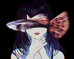  bad_id bad_pixiv_id black_background blurry chromatic_aberration colored_skin commentary_request covered_eyes crying dark_background donguri_hello facing_viewer female fish guppy_(fish) hands_on_own_neck hands_up highres long_hair original pale_skin parted_lips pill portrait purple_hair simple_background solo spaghetti_strap straight-on strap_slip streaming_tears tears teeth tongue upper_teeth_only white_skin 