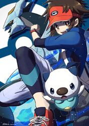  1boy :d bag black_kyurem blue_jacket bright_pupils brown_eyes brown_hair commentary hand_up highres jacket kyurem looking_at_viewer male_focus mato. nate_(pokemon) open_mouth oshawott pokemon pokemon_(creature) pokemon_bw2 shoes short_sleeves shoulder_bag smile teeth tongue twitter_username visor_cap white_bag white_pupils 