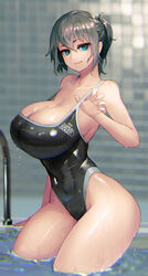  arm_support black_one-piece_swimsuit blue_eyes blurry blurry_background breasts chromatic_aberration cleavage closed_mouth clothes_writing collarbone commentary_request competition_swimsuit covered_navel cowboy_shot depth_of_field dripping english_text eyelashes eyeshadow female from_side grey_hair groin hair_between_eyes hand_up high_ponytail highleg highleg_swimsuit highres hip_focus hiragana_oufu huge_breasts leaning_forward light_smile looking_at_viewer looking_to_the_side makeup medium_hair one-piece_swimsuit original parted_bangs pink_lips ponytail pool pool_ladder shiny_skin sidelocks skin_tight smile solo standing strap_gap strap_lift swimsuit thick_thighs thighs wading water wet wet_hair wide_hips 