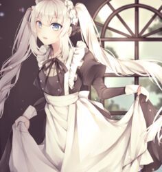  apron black_ribbon blonde_hair blue_eyes blush breasts commentary_request dress fate/grand_order fate_(series) female gloves hair_ornament hat highres long_hair looking_at_viewer maid maid_headdress marie_antoinette_(animejapan_2016)_(fate) marie_antoinette_(fate) official_alternate_costume open_mouth ribbon smile solo twintails very_long_hair white_apron white_hair yua_(bokubo0806) 