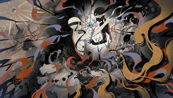  1other 2boys absurdres ambiguous_gender bald bare_arms black_blindfold black_robe black_skin blindfold colored_skin commentary_request crack cracked_glass cracked_skin forehead grey_hair hakama hakama_pants highres japanese_clothes long_hair multiple_boys multiple_others onmyoji pants robe sun tsubonari ungaikyou_(onmyoji) very_long_hair white_blindfold white_robe white_skin 