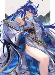  :d absurdres arknights bare_legs bare_shoulders bird blue_hair blue_skin breasts chen_ying_(alan-yut) colored_skin detached_sleeves dragon_horns dress earrings feet_out_of_frame female highres holding horns jewelry large_breasts ling_(arknights) ling_(it_does_wash_the_strings)_(arknights) long_hair long_sleeves looking_at_viewer md5_mismatch official_alternate_costume open_mouth pelvic_curtain pointy_ears purple_eyes sash smile solo standing very_long_hair white_dress wide_sleeves 