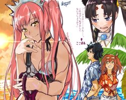  1boy 3girls absurdres bikini black_hair blue_eyes blush breasts circlet cleavage commentary_request dark_skin eyewear_on_head fate/grand_order fate_(series) fujimaru_ritsuka_(female) fujimaru_ritsuka_(female)_(tropical_summer) fujimaru_ritsuka_(male) fujimaru_ritsuka_(male)_(tropical_summer) grin hairband hawaiian_shirt highres holding holding_sword holding_weapon long_hair medb_(fate) medb_(swimsuit_saber)_(fate) medb_(swimsuit_saber)_(second_ascension)_(fate) midriff mitsurugi_sugar multiple_girls official_alternate_costume orange_hair palm_tree pink_hair shirt shorts side_ponytail smile sunglasses sunset sweatdrop swimsuit sword tan tiara translation_request tree twintails ushiwakamaru_(fate) watch weapon white_bikini wristwatch yellow_eyes 