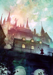  1other absurdres amygdala_(bloodborne) arch architecture bird bloodborne building burial_blade capelet chikaze coat crow facing_away fence flying hat highres holding holding_scythe holding_weapon hunter_(bloodborne) long_coat outdoors painterly scenery scythe sky solo spire standing tower tree tricorne weapon wide_shot window 