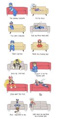  2girls 6+boys absurdres aile_(mega_man_zx) android ashe_(mega_man) axl_(mega_man) bass_(mega_man) blue_eyes commentary couch crossed_legs english_commentary english_text frown geo_stelar_(mega_man) green_eyes grey_(mega_man) grin highres indian_style jitome layered_sleeves long_sleeves lying mega_man_(character) mega_man_(classic) mega_man_(series) mega_man_battle_network_(series) mega_man_legends_(series) mega_man_star_force mega_man_volnutt mega_man_x_(series) mega_man_zx mega_man_zx_advent megaman.exe multiple_boys multiple_girls netnavi norue pantyhose_under_shorts ponytail profanity protected_link proto_man red_eyes short_over_long_sleeves short_sleeves shorts simple_background sitting sleeping smile star_force_mega_man upside-down white_background x_(mega_man) zero_(mega_man) zzz 