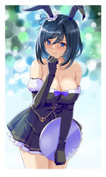  animal_ears bare_shoulders black_gloves black_hair blue_eyes blue_hair blurry blush bob_cut bokeh border bow breasts cleavage closed_mouth collarbone commentary cowboy_shot depth_of_field detached_sleeves eishin_flash_(umamusume) elbow_gloves fake_animal_ears female frilled_skirt frills gloves gold_trim hair_between_eyes hand_up highres holding holding_tray horse_ears horse_girl large_breasts looking_away medium_hair nontraditional_playboy_bunny purple_bow rabbit_ears shiny_skin shy skirt solo swept_bangs switch01 tray umamusume wavy_mouth white_border 