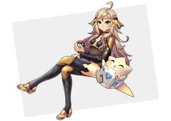  absurdres ahoge blonde_hair cape circlet closed_mouth female fire_emblem fire_emblem_fates grey_eyes high_heels highres kuronekozero long_hair looking_at_viewer ophelia_(fire_emblem) poke_ball poke_ball_(basic) pokemon pokemon_(creature) sandals sitting thighhighs toeless_footwear togepi turtleneck 