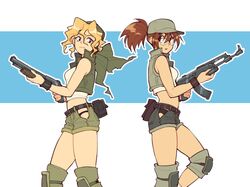  2girls assault_rifle bandana baseball_cap black_panties blonde_hair brown_eyes brown_hair commentary crop_top english_commentary fio_germi glasses green_bandana green_shorts green_vest gun hat hip_vent holding holding_gun holding_weapon kasamoto_eri knee_pads long_hair looking_at_another metal_slug multiple_girls panties pump_action rifle round_eyewear short_shorts shorts shotgun tank_top underwear unseriousguy vest weapon white_tank_top yellow_eyes 