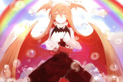  bat bat_wings black_dress blush bubble closed_eyes cloud cloudy_sky crossed_arms demon_girl dress female funamusea haiiro_teien horns long_hair pink_hair rainbow raspbel sky very_long_hair wings xinghuo 