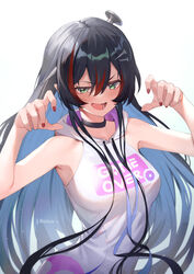  :d alternate_costume arms_up artist_name black_choker black_hair choker commentary english_commentary female ghost_pose green_eyes hair_between_eyes highres hood hoodie long_hair looking_at_viewer mika_melatika mika_melatika_(1st_costume) multicolored_hair nail nail_hair_ornament nail_polish nijisanji nijisanji_id oerba_yun_fang official_art open_mouth raijuu_(bakanara) red_hair red_nails simple_background skin_fang sleeveless sleeveless_hoodie smile solo standing streaked_hair two-tone_hair upper_body very_long_hair virtual_youtuber white_background white_hoodie 