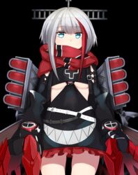  admiral_graf_spee_(azur_lane) ass_visible_through_thighs azur_lane bad_id bad_pixiv_id belt black_background blue_eyes breasts cowboy_shot cross expressionless female fuki_to_takenoko iron_cross looking_at_viewer multicolored_hair red_scarf scarf short_hair_with_long_locks simple_background small_breasts solo streaked_hair underboob white_belt white_hair 