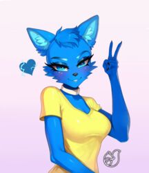  anthro blue_body blue_eyes canid canine choker clothing female fox glistening hair happy hearth inner_ear_fluff jewelry mammal narrowed_eyes necklace olivialovesfur portrait shirt signature solo topwear tuft yellow_clothing 