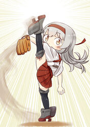  baseball_mitt commentary_request female grey_hair hairband headband hinata_yuu japanese_clothes kantai_collection leg_up long_hair looking_at_viewer pitching rudder_footwear shoukaku_(kancolle) solo split standing standing_on_one_leg standing_split white_hair 