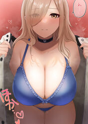  blonde_hair bra breasts choker cleavage eyes_visible_through_hair female highres jacket large_breasts leaning_forward long_hair nino_(sunaba_suzume) open_clothes open_jacket orange_eyes original piyosuke_tmg solo underwear underwear_only 