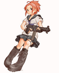  ahoge black_gloves black_shorts black_socks boots breast_pocket combat_boots cross-laced_footwear female fingerless_gloves gloves grey_skirt gun holding holding_gun holding_weapon knee_boots kneehighs lace-up_boots long_sleeves looking_at_viewer orange_hair original pocket ponytail sailor_collar school_uniform shirt shorts shorts_under_skirt skirt socks solo submachine_gun tessaku_ro thigh_strap weapon white_background white_shirt 