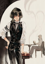  2boys androgynous arm_support bishounen black_hair black_pants black_ribbon black_vest book braid chair cigarette coat commentary_request grey_background hand_on_own_hip highres holding holding_book indoors long_hair male_focus multiple_boys neck_ribbon one_eye_closed original pants parted_lips reading red_eyes ribbon shirt short_hair simple_background single_braid sitting sleeves_rolled_up smoke steam table tsubonari unworn_coat vest white_hair white_shirt 