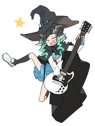  black_cape black_hair black_hat black_socks blue_hair blue_sailor_collar blue_skirt cape commentary_request cosplay demon_girl demon_horns electric_guitar female flat_chest full_body guitar hat highres horns instrument kita_high_school_uniform long_hair long_sleeves multicolored_hair music nagato_yuki nagato_yuki_(cosplay) nanashi_inc. neckerchief oerba_yun_fang open_mouth playing_instrument pointy_ears red_neckerchief sailor_collar school_uniform serafuku shishio_chris shoes simple_background skirt smile socks solo star_(symbol) sugar_lyric suzumiya_haruhi_no_yuuutsu tomatojam two-tone_hair virtual_youtuber white_background white_footwear winter_uniform witch_hat 