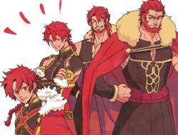  1boy age_progression alexander_(fate) alexandros_(fate) bad_id bad_pixiv_id beard braid cape cowboy_shot crossed_arms facial_hair fate/grand_order fate/zero fate_(series) fur_trim grin hands_on_own_hips iskandar_(fate) long_hair male_focus muscular muscular_male natsu_yasai ponytail red_cape red_eyes red_hair simple_background single_braid smile white_background 