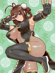  armpits bare_shoulders black_gloves blue_eyes bodysuit braid breasts brown_hair china_dress chinese_clothes cleavage clenched_teeth commentary cowboy_shot cowlick curvy detached_sleeves double_bun dress elbow_gloves female fingerless_gloves fishnet_bodysuit fishnet_thighhighs fishnets frills gloves gold_trim green_background hair_between_eyes hair_bun hair_ornament highres knee_up large_breasts leg_up looking_at_viewer navel no_bra open_mouth original plump shiny_skin short_sleeves side-tie_dress sideboob solo standing standing_on_one_leg switch01 teeth thighhighs thighs v 