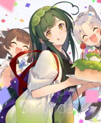  3girls :p ^_^ ahoge animal_ear_fluff animal_ears birthday blush blush_stickers brown_hair cake candle closed_eyes commentary_request confetti food fox_ears fox_girl green_hair green_hairband grey_hair hair_bobbles hair_ornament hairband happy_birthday headgear highres holding japanese_clothes multiple_girls muneate open_mouth orange_eyes party_popper pea_pod polka_dot polka_dot_background shirinda_fureiru short_hair short_twintails simple_background smile sparkle tasuki tongue tongue_out touhoku_itako touhoku_kiritan touhoku_zunko twintails upper_body voiceroid wide_sleeves zunda_mochi 