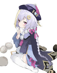  absurdres beads between_legs black_nails blush bow braid braided_ponytail cape chinese_clothes closed_mouth coconut commentary drinking_straw expressionless eyebrows_hidden_by_hair feet female finger_to_mouth fruit_cup full_body genshin_impact hair_ornament hairbow hand_between_legs hat highres index_finger_raised jiangshi light_purple_hair long_hair long_sleeves looking_at_viewer looking_back mint_(psmin30) ofuda purple_eyes purple_hat purple_ribbon qingdai_guanmao qiqi_(genshin_impact) ribbon shoes simple_background single_shoe sitting solo talisman unworn_shoes vision_(genshin_impact) wariza white_background white_footwear wide_sleeves 