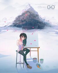  absurdres bad_id bad_pixiv_id black_hair black_pantyhose breasts canvas_(object) female full_body highres holding holding_paintbrush large_breasts long_hair looking_at_viewer mountain original outdoors paint paint_can paintbrush pantyhose red_eyes scenery shirt sitting soar solo white_shirt 