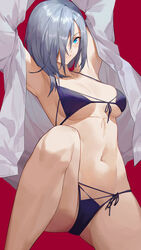  absurdres aqua_eyes armpits arms_up bikini blush bra breasts closed_mouth collarbone commission feet_out_of_frame female front-tie_bra girls&#039;_frontline grey_hair hair_between_eyes hair_over_one_eye highres leg_up legs lips looking_at_viewer medium_breasts medium_hair mg5_(girls&#039;_frontline) navel open_clothes open_shirt panties pixiv_commission purple_bikini purple_bra purple_panties red_background ren_huozhe shirt simple_background solo stomach string_panties swimsuit underwear white_shirt 