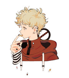  1other androgynous barbell_piercing black_nails blonde_hair brown_eyes chinese_commentary commentary_request cropped_torso drawstring drugs ear_piercing earrings from_side guu_(hakahonoo) hand_up high_collar holding hood hood_down hoodie industrial_piercing jewelry long_sleeves looking_away looking_to_the_side medicine multiple_piercings nail_polish no_symbol open_mouth original piercing pill platinum_blonde_hair profile red_hoodie short_hair simple_background sleeves_past_wrists solo striped stud_earrings tongue tongue_out turtleneck upper_body very_short_hair white_background 