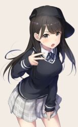  :o baseball_cap black_hair black_hat black_neckerchief black_sweater blush breasts brown_background brown_eyes collared_shirt commentary_request diagonal-striped_clothes diagonal-striped_neckerchief female grey_skirt hand_up hat highres leaning_forward long_hair long_sleeves looking_at_viewer medium_breasts neckerchief open_mouth original plaid plaid_skirt pleated_skirt sakusaku shirt sideways_hat simple_background skirt sleeves_past_wrists solo striped_clothes striped_neckerchief sweat sweater teeth upper_teeth_only v-shaped_eyebrows very_long_hair w white_shirt 