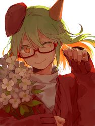  closed_mouth demon_girl demon_horns female flower funamusea glasses green_hair haiiro_teien hat holding holding_flower horns kuroko_mikura long_hair looking_at_viewer one_eye_closed orange_eyes short_hair single_horn smile yosafire_(funamusea) 