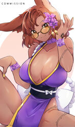  animal_ears bad_id bad_twitter_id bare_shoulders borrowed_character breasts brown_eyes brown_hair cleavage collarbone commentary commission dress female flower glasses hair_flower hair_ornament large_breasts looking_at_viewer medium_hair no_panties original purple_dress purple_flower rirene_rn smile solo yellow_nails 