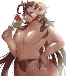  abs anthro beverage black_hair clothing dragon drinking fuxi_(tas) glass hair hi_res lifewonders long_hair makuno101 male muscular muscular_anthro muscular_male mythological_creature mythological_scalie mythology pecs scalie solo speedo swimwear tail tokyo_afterschool_summoners 