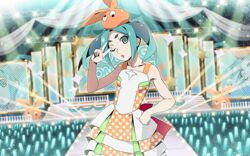  aqua_hair dress female glowstick green_eyes idol medium_hair monogatari_(series) monogatari_series_puc_puc official_art ononoki_yotsugi orange_dress source_request stage stage_lights strapless strapless_dress watanabe_akio 