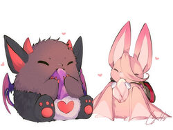  2_horns ambiguous_gender aster_(nu:_carnival) bat brown_body brown_fur candy chibi clawed_fingers closed_eyes demon dessert duo eating eating_food fangs feral food fur handpaw heart hindpaw holding_food holding_object horn kemono loyaldis mammal membrane_(anatomy) membranous_wings morvay_(nu:_carnival) nu:_carnival pawpads paws pink_body pink_fur prick_ears sitting smile teeth wing_claws wings 