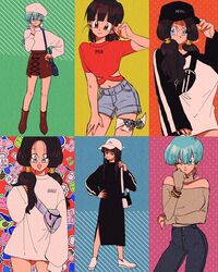  6+girls :d ;) alternate_costume ankle_boots arm_at_side arm_under_breasts bag bangs bare_legs bare_shoulders baseball_cap beanie black_dress black_eyes black_hair black_headwear blue_bag blue_eyes blue_hair blunt_bangs blush boots bra_(dragon_ball) bracelet brown_footwear brown_skirt bulma_briefs buttons candy casual character_name choker clothes_writing commentary contemporary cowboy_shot denim denim_shorts dragon_ball dragon_ball_(classic) dragon_ball_gt dragon_ball_z dress earrings english_commentary english_text expressionless eyebrows_visible_through_hair eyelashes fanny_pack fashion fingernails food full_body green_background green_ribbons grey_shirt gummy_bear gun hair_between_eyes half-closed_eyes hand_in_hair hand_on_hip hand_on_own_chin hand_on_thigh handgun happy hat heart heart_background highres hime_cut jeans jewelry kararai_raika lace legs_apart light_smile long_dress long_hair long_sleeves looking_at_viewer looking_away mai_(dragon_ball) midriff milk_carton multiple_girls navel off_shoulder one_eye_closed open_mouth orange_nails oversized_clothes pan_(dragon_ball) pants parted_lips pink_ribbon pistol polka_dot polka_dot_background pom_pom_(clothes) pom_pom_earrings red_background red_shirt ribbon shadow shiny shiny_footwear shiny_hair shirt short_hair shorts signature simple_background skirt smile standing straight_hair striped striped_background sweater sweets thigh_strap thighhighs turtleneck turtleneck_sweater twintails v-shaped_eyebrows very_short_hair videl weapon white_footwear white_headwear white_sweater yellow_background 