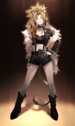  animal_ears arknights black_choker black_footwear black_jacket black_shorts blonde_hair boots brown_eyes choker closed_mouth commentary earrings english_commentary female full_body gemi_25 hand_on_own_hip highres hoop_earrings jacket jewelry knee_boots lion_ears lion_girl lion_tail long_hair looking_at_viewer nail_polish shorts siege_(arknights) smile solo sparkle standing tail thighhighs yellow_nails 