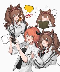  2girls :d =_= ahoge angelina_(arknights) animal_ears arknights bad_id bad_twitter_id black_shirt blush book brown_eyes brown_hair cellphone closed_eyes commentary croissant_(arknights) eojjeodagaileohgedwaessji fox_ears grey_background grey_jacket hairband highres holding holding_book holding_phone horns jacket korean_commentary long_hair long_sleeves multiple_girls multiple_views open_clothes open_mouth open_shirt phone red_hairband shirt simple_background smile twintails wing_collar yellow_eyes 