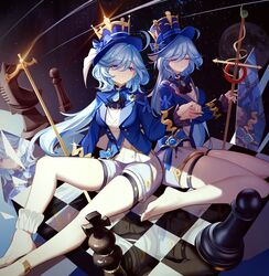  absurdres barefoot blue_eyes blue_gemstone blue_hair blue_headwear blue_jacket board_game chess chess_piece closed_mouth doppelganger feet foot_out_of_frame furina_(genshin_impact) gem genshin_impact hair_between_eyes hat highres jacket legs light_blue_hair long_hair long_sleeves luai multicolored_hair reflective_floor smile toes top_hat vision_(genshin_impact) white_hair 