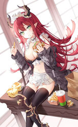  :t apron armor bikini black_jacket black_thighhighs blush breasts burger chips_(food) choker cleavage commentary crossed_legs dragon_girl dragon_horns eating fast_food female flipped_hair floating_hair food food_on_face frilled_bikini frilled_choker frills gold_trim greaves green_eyes highres holding holding_food horns indoors jacket large_breasts long_hair looking_at_viewer maid maid_bikini maid_headdress navel off_shoulder open_clothes open_jacket original pointy_ears red_hair ronopu sidelocks sitting solo stomach sweatdrop swimsuit symbol-only_commentary table tail thighhighs thighs unconventional_maid very_long_hair waist_apron window 