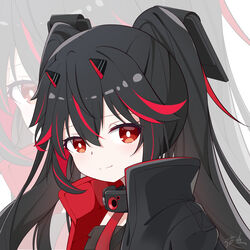  absurdres black_jacket blonde_hair bright_pupils chinese_commentary closed_mouth commentary female hair_between_eyes headgear highres horns jacket long_hair lucia:_plume_(punishing:_gray_raven) lucia_(punishing:_gray_raven) multicolored_hair necktie punishing:_gray_raven red_eyes red_hair red_necktie sidelocks split_mouth twintails white_pupils yeyou_(pwny8774) zoom_layer 