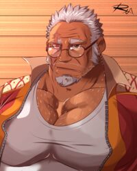  1boy amatsumara_(housamo) bara beard chest_hair dark-skinned_male dark_skin eyebrow_cut facial_hair glasses goatee large_pectorals long_sideburns looking_at_viewer male_focus mature_male muscular muscular_male old old_man pectoral_cleavage pectoral_focus pectorals portrait reclamon scar scar_across_eye scar_on_face short_hair sideburns solo stubble thick_eyebrows tokyo_afterschool_summoners 